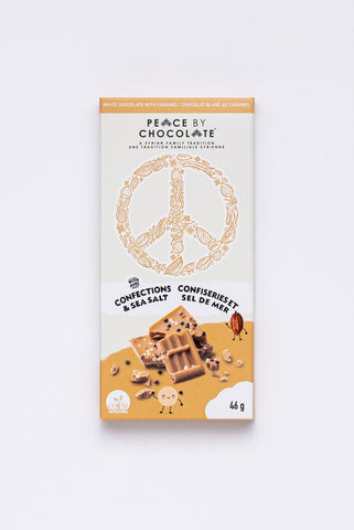 Emballage de tablette de chocolat blanc saveurs confiseries et sel de mer de la marque Peace by chocolate