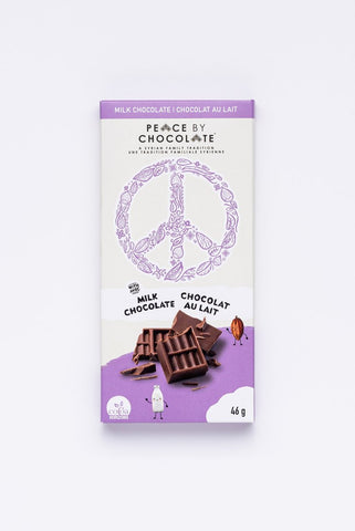 Emballage de tablette de chocolat au lait de la marque Peace by chocolate