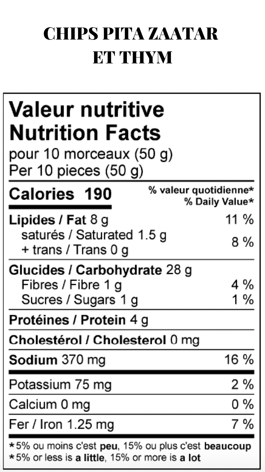 Tableau des valeurs nutritionnelles des chips de pita zaatar et thym de la marque les filles fattoush 